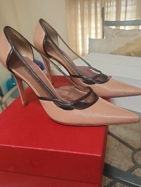 Valentino Garavani Nude Pink and Black Pointed Leather Stiletto Pumps